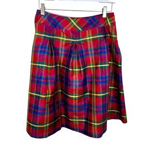 Red Green Yellow Blue RAw Silk Madras Pleated Knee Skirt Holiday Size Large